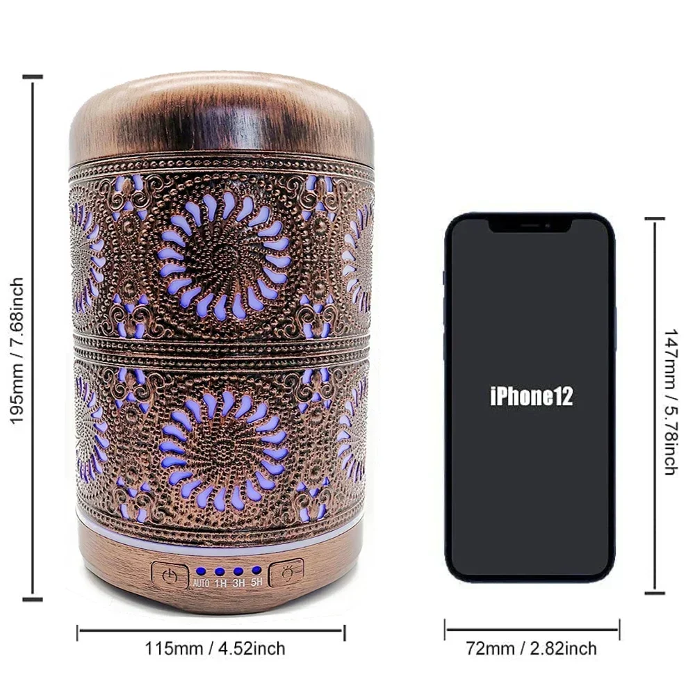 Air Humidifier Aromatherapy Essential Oil Diffuser Red Bronze Metal Mist Maker 7 Color Lights Change Lamp for Home Office SPA