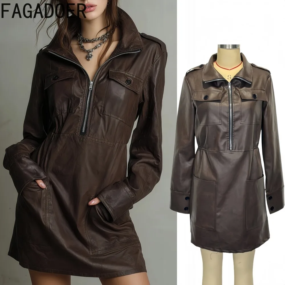 

FAGADOER Fashion Leather Patchwork Bodycon Dresses Women Solid Color Long Sleeve Round Neck Dress Female Streetwear Vestidos