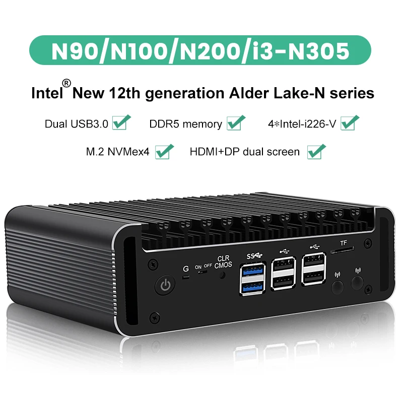 Solid Firewall Mini PC Intel Core 3 N355 N305 8 Core N150 N100 DDR5 2xNVMe 4xi226-V 2.5G Fanless Soft Router Proxmox Host Server