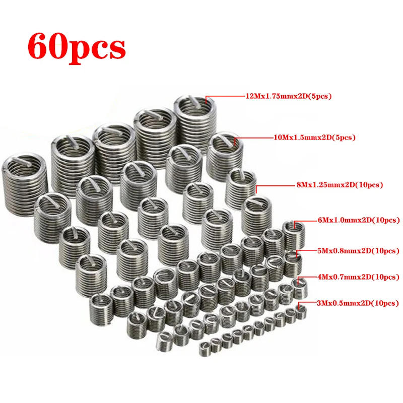 60pcs M3 M4 M5 M6 M8 M10 M12 304 Stainless Steel 2D Fastening Thread Insert Kit Hardware Repair Tool Spiral Wire Sleeve Screw