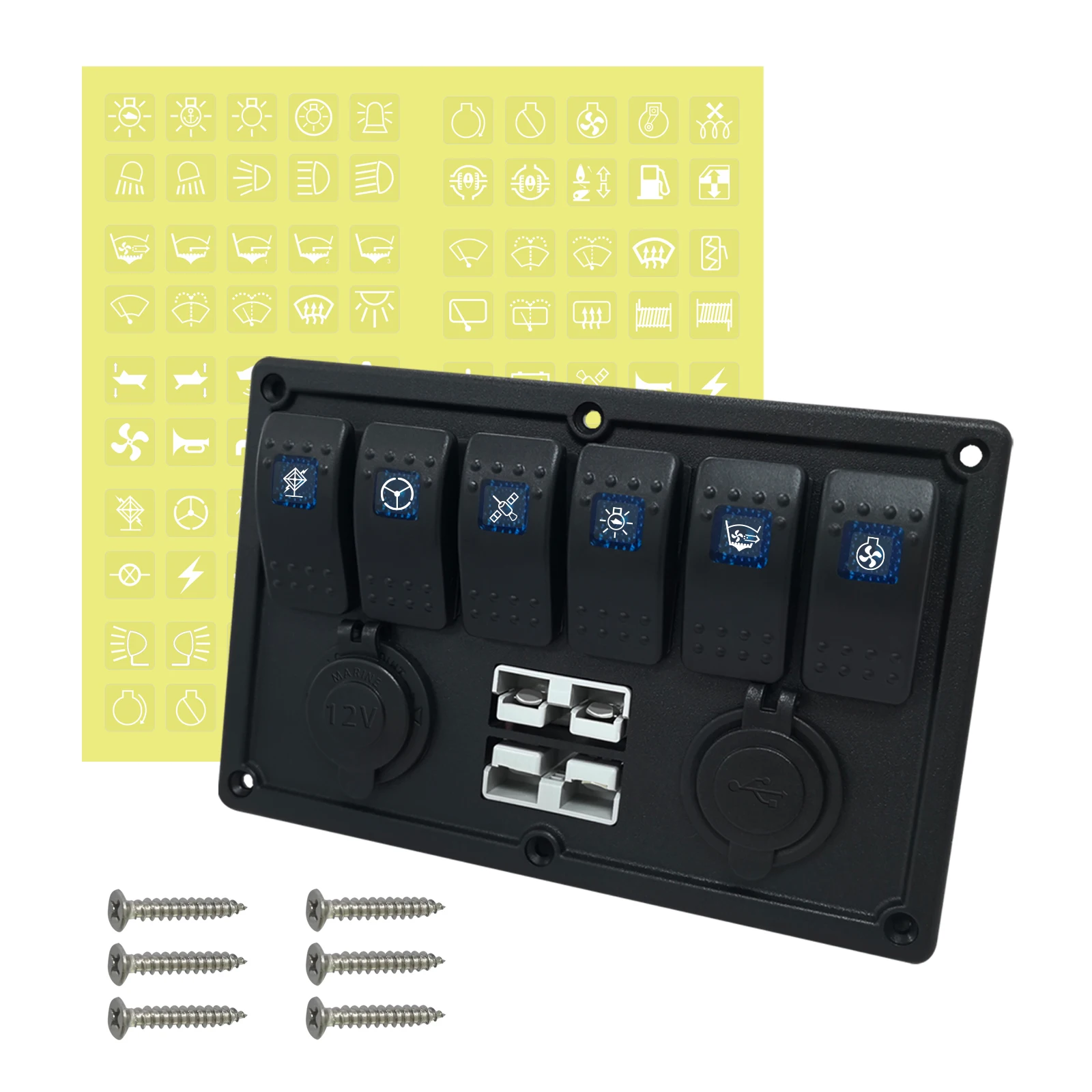 

6 Gang Marine IP66 Boat Car Rocker Switch Panel 50A Anderson Plug Adaptor Dual USB Charger Power Socket 12V Toggle Switch Panel