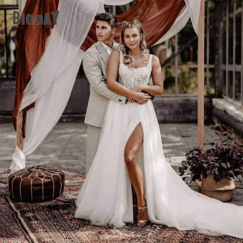 Elegantes A-Linie-Hochzeitskleid für Damen, Spitze, Spaghettiträger, offener Rücken, geteilt, ärmellos, Brautkleid, Zug, Vestido De Noiva, individuell