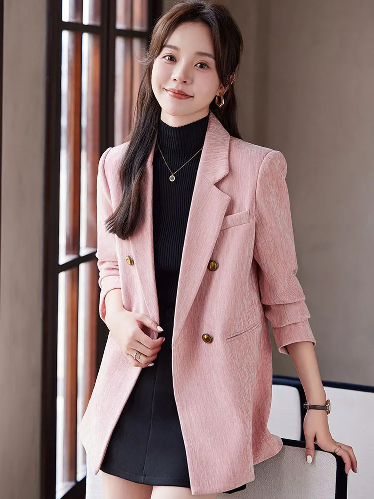 Pink Casual Loose Double-Breasted Velvet Women's Suit Jacket Spring Autumn 2026 New Style Fashionable Commute Style Polyester