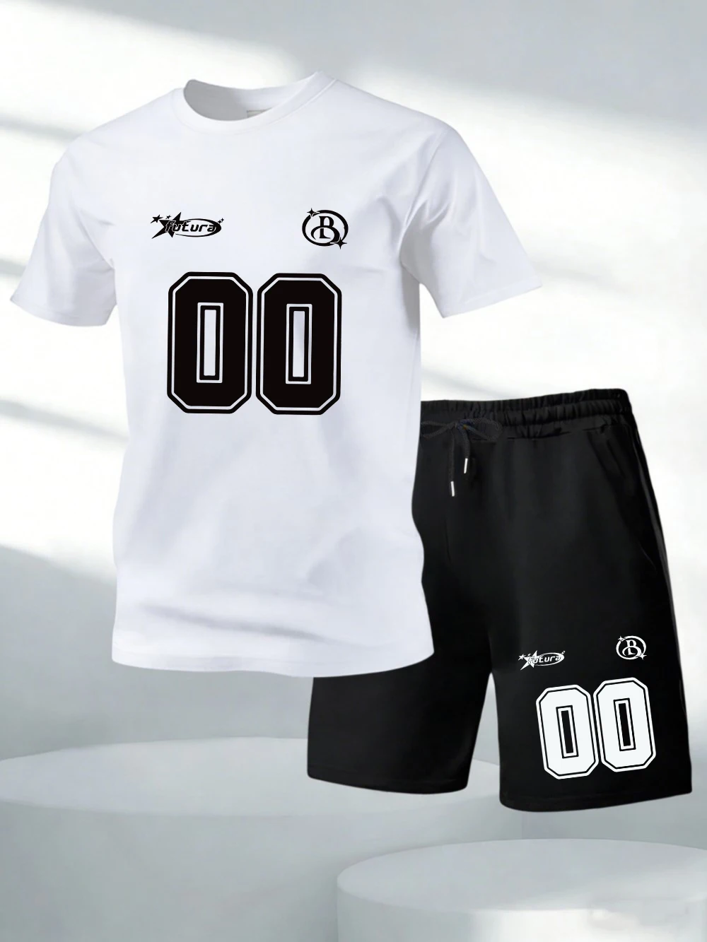 

Two Pieces Set Number 00 Eye-Catching Printed Cotton Tops Shorts Mens Soft O-Neck Oversized T-Shirts Pocket High Waisted Pants