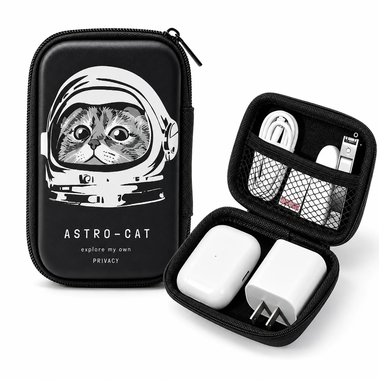 Astronaut Cat Hard Shell Electronics Organizer Case, Shockproof Cable Charger Earphone Storage Bag for Travel & Daily Use