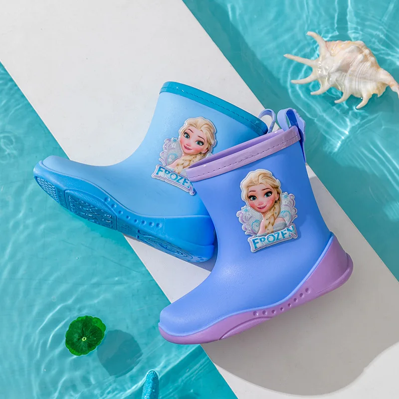 Disney Children\'s Rain Boots For Girls Blue Cartoon Nonslip Frozen Princess Elsa Water Shoes Kids Four Seasons Rubber Over Shoes