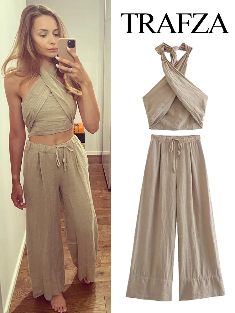 TRAFZA Summer New Fashion Women Chic 2 Piece Suit Sexy Backless Sleeveless Strapless Sexy Strap Tops+Casual Loose Wide Leg Pants