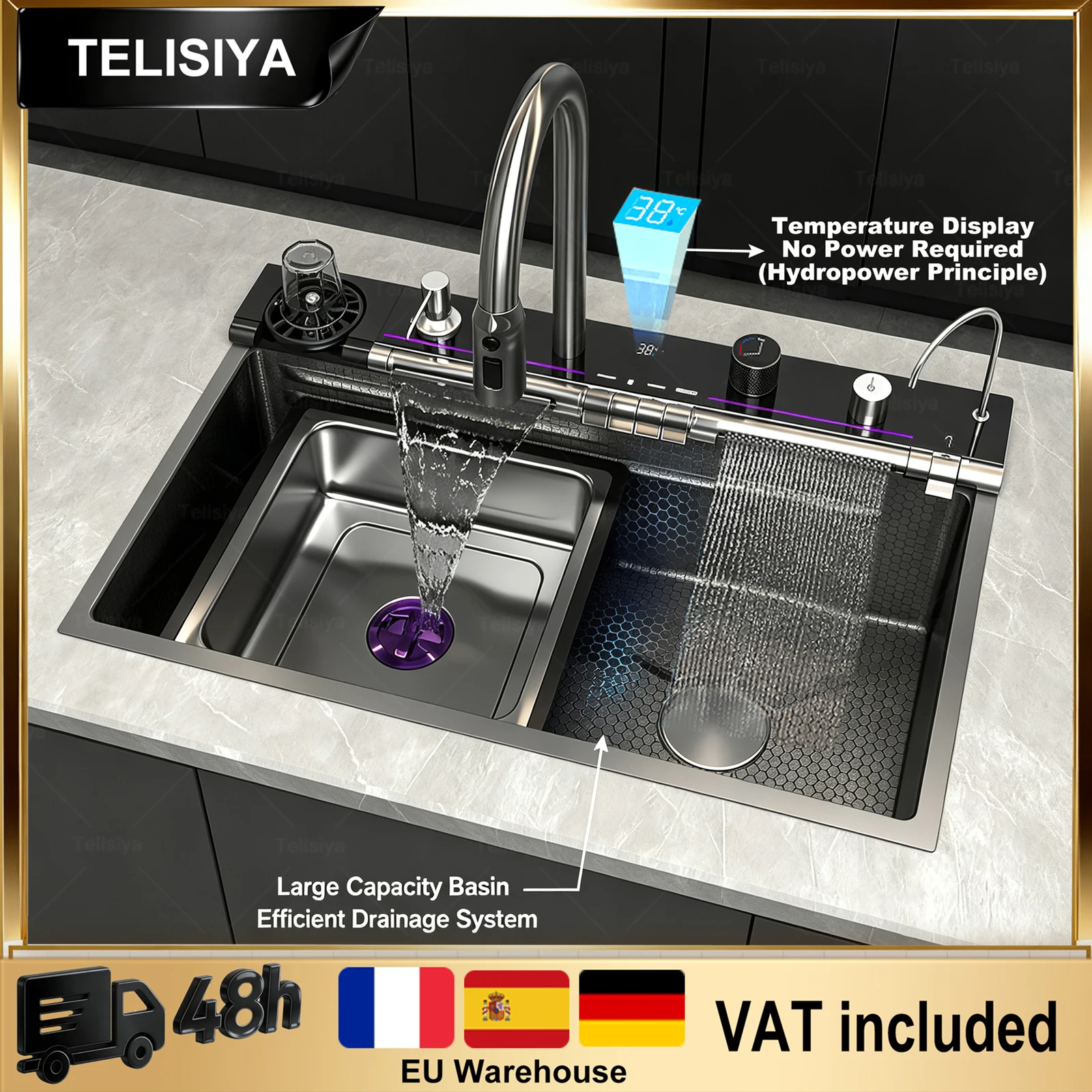Stainless Steel Kitchen Sink Multifunctional Sinks Digital Display Dish Basin Large Single Slot Waterfall Hot Cold Faucets