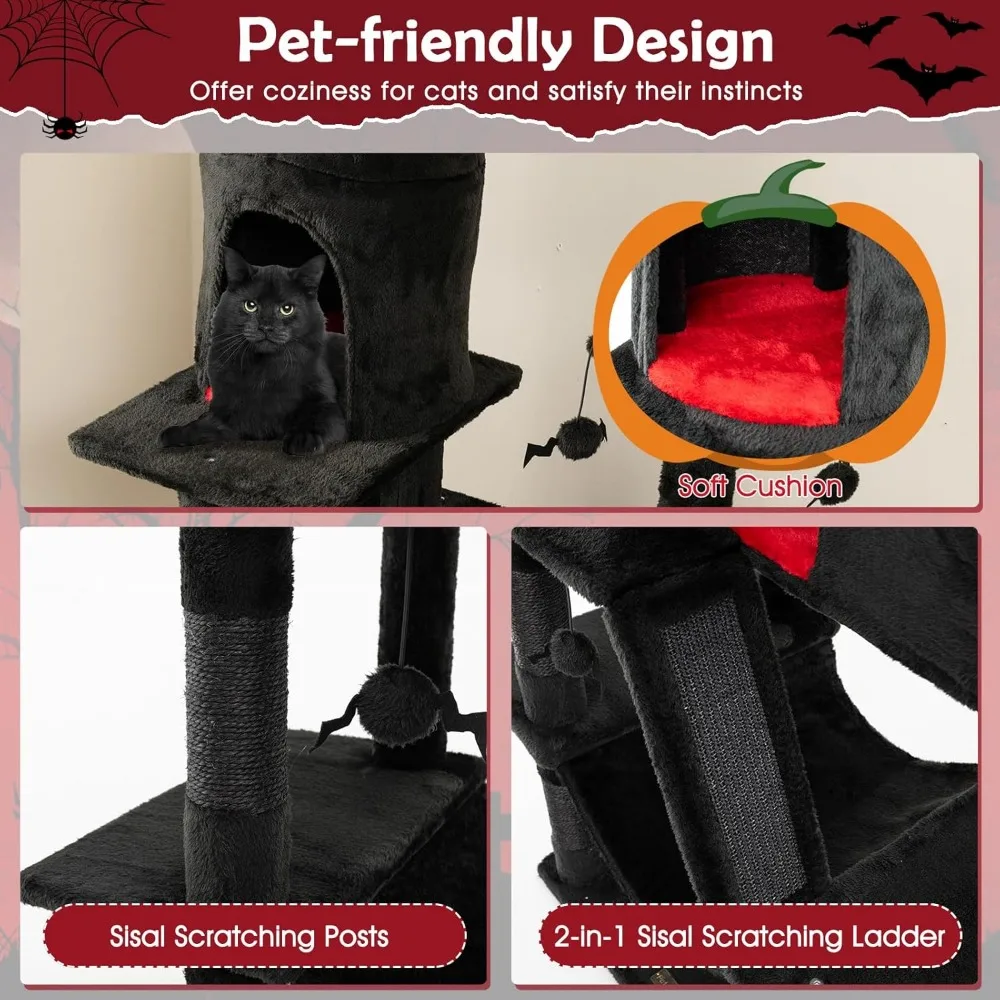 Gothic-Style 67 Tall Multi-Level Cat Tree with Scratching Posts, Ladder, and Hanging Toys for Spooky Playtime