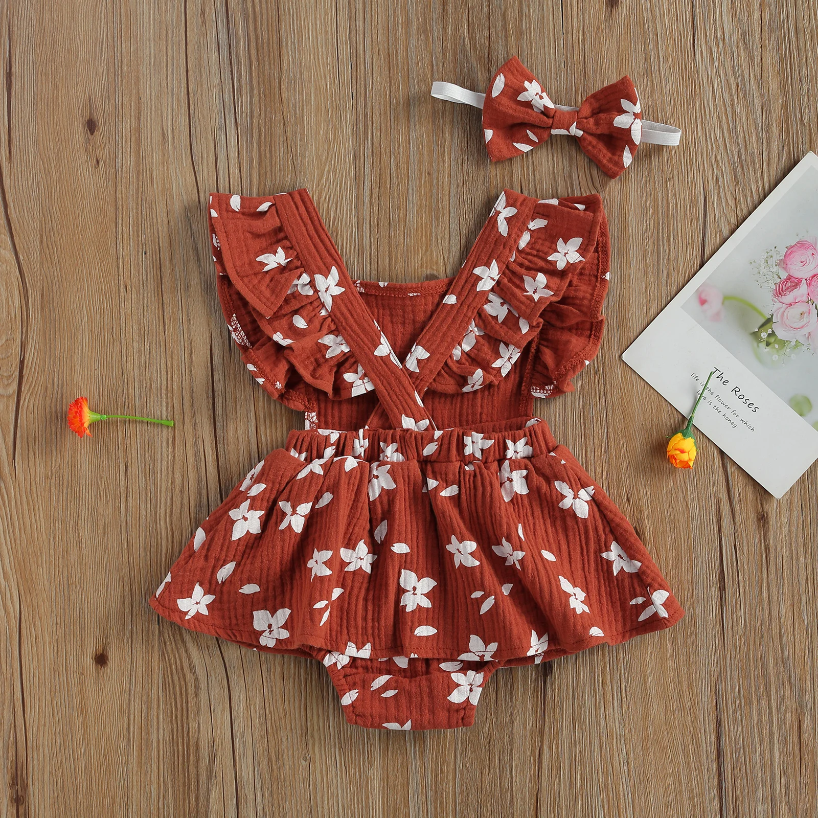 Cute Newborn Baby Girls Romper Dress Ruffle Fly Sleeve Flower Printing Bodysuit With Headband Summer Short Jumpsuit Outfits