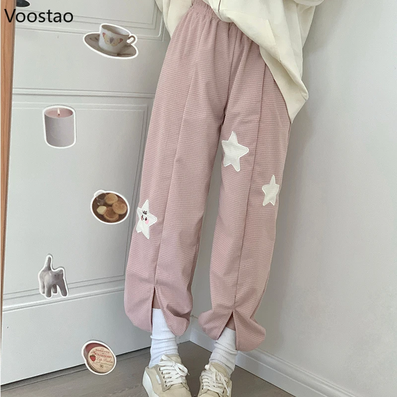 Pantalones de pierna ancha de pana Kawaii japonés para mujer, pantalones de chándal de cintura alta con bordado de estrella dulce, pantalones sueltos Harajuku Y2k