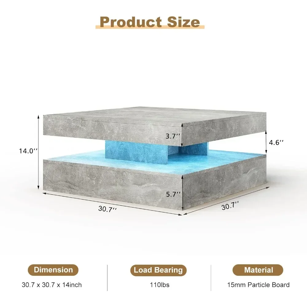 Mesa de centro LED, mesas cuadradas de madera de 31 pulgadas de 2 niveles, mesas de centro con luz LED enchufable de 16 colores, mesa de centro