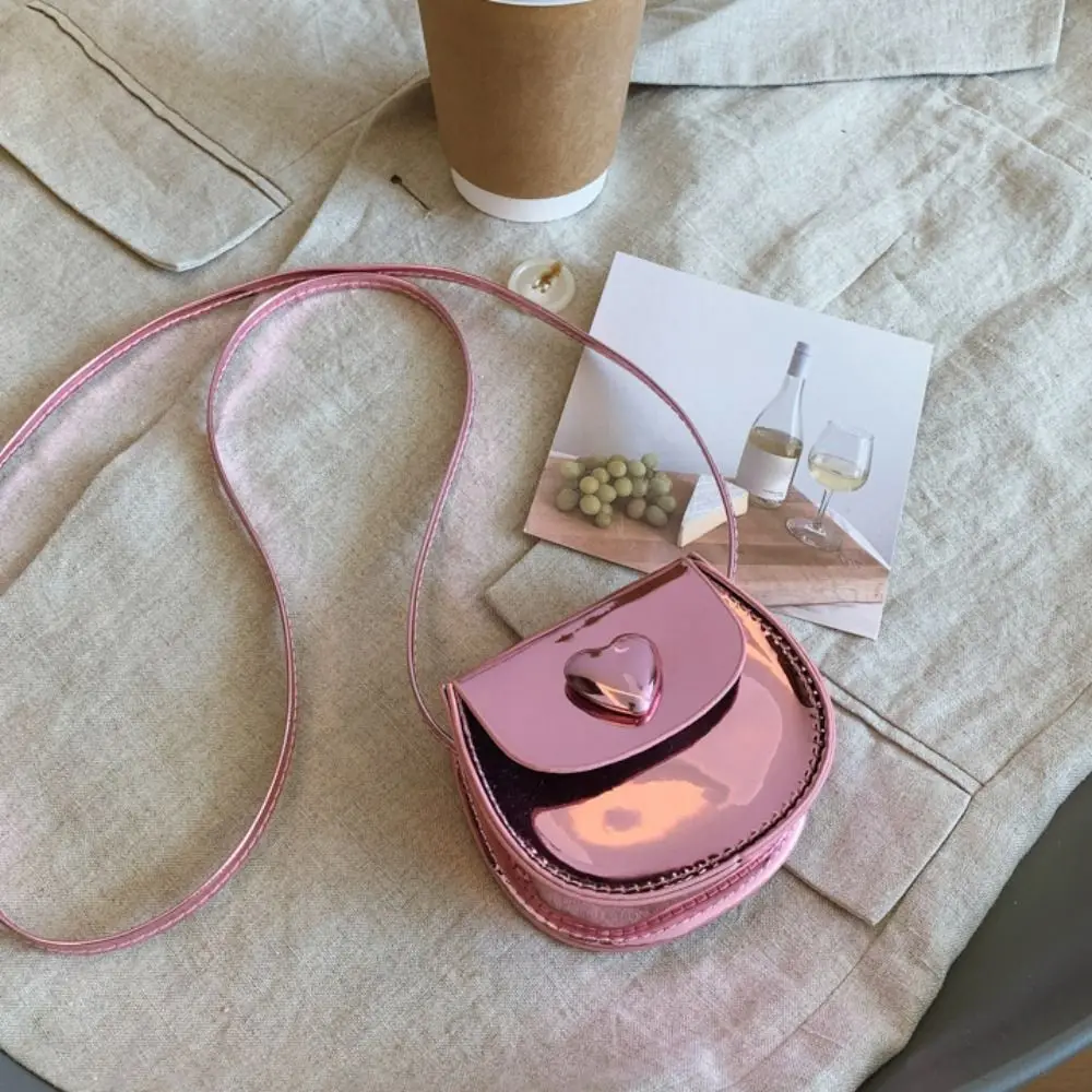 Cute Compact Size Mini Crossbody Bag Adjustable Heart Shoulder Bag Lightweight Shiny Finish Coin Key Pouch Gift Giving
