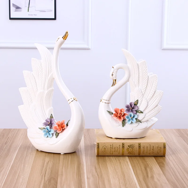 A Pair White Swan Lovers Home Decor Ceramic Crafts Porcelain Animal Figurines Wedding Decoration Lovers Gift W5065