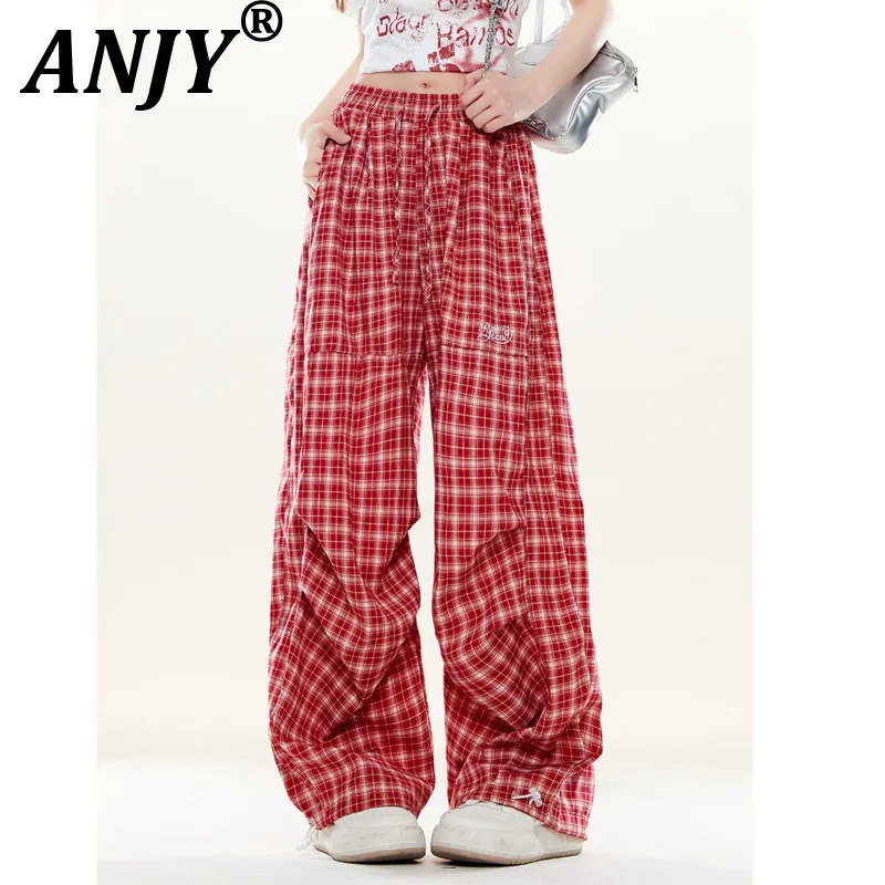 

ANJY Spring Summer New Women Chic American Style Pleated Design Plaid Loose Casual Pants Drawstring Elastic Waist Bottoms A20668