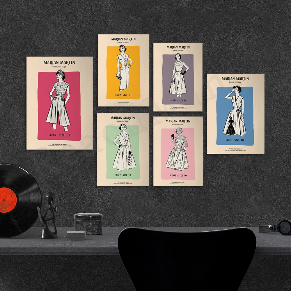 A medieval-style sewing art poster, a retro 1950s design, featuring deep pink, blush, French grey, and Dutch orange home décor.