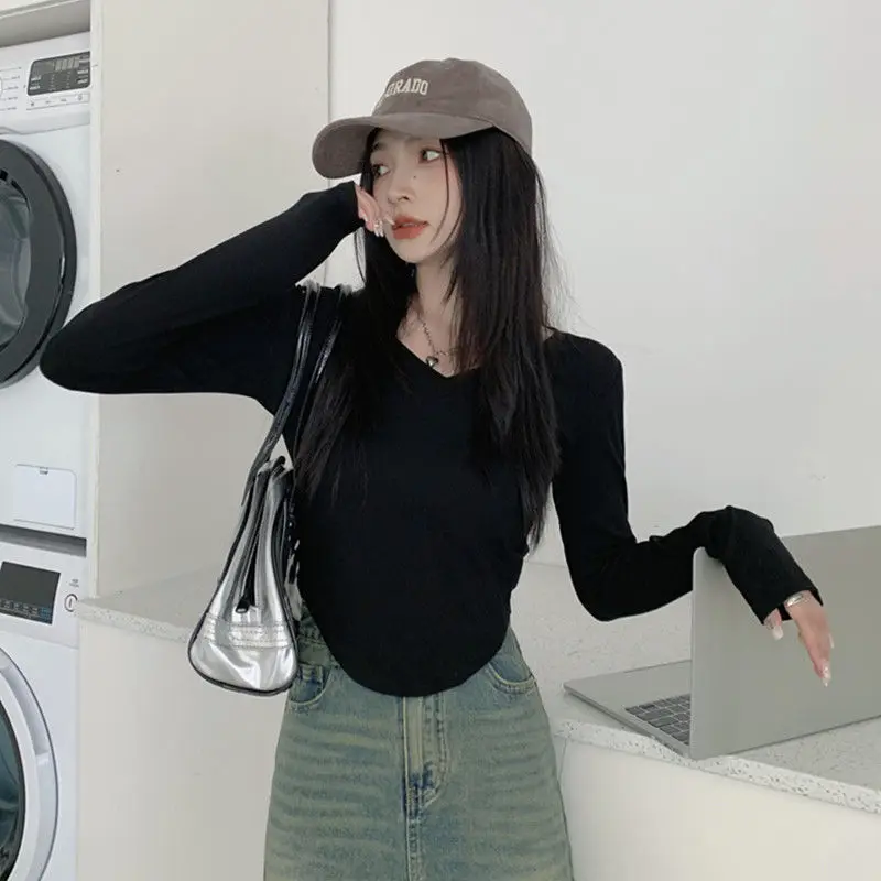 Careful Clavicle V-neck Long-sleeved T-shirt Bottoming Shirt for Women Autumn Winter Korean Style Slim-fitting Short T-shirt Top