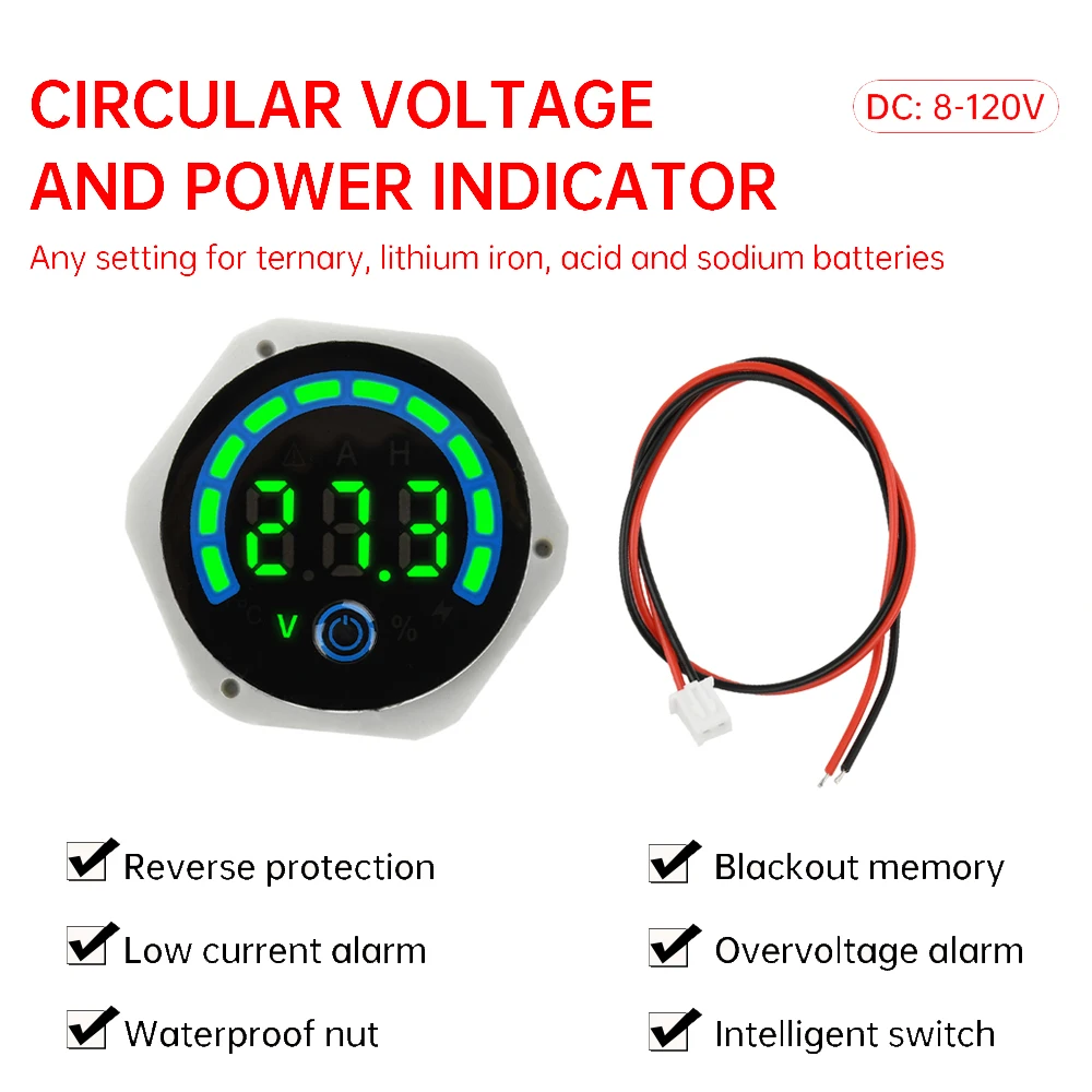 DC 8V-120V LED Digital Voltmeter Battery Capacity Indicator Waterproof Voltage Gauge for Motorcycle/RV/Car/Boat/ATV/UTV/Camper