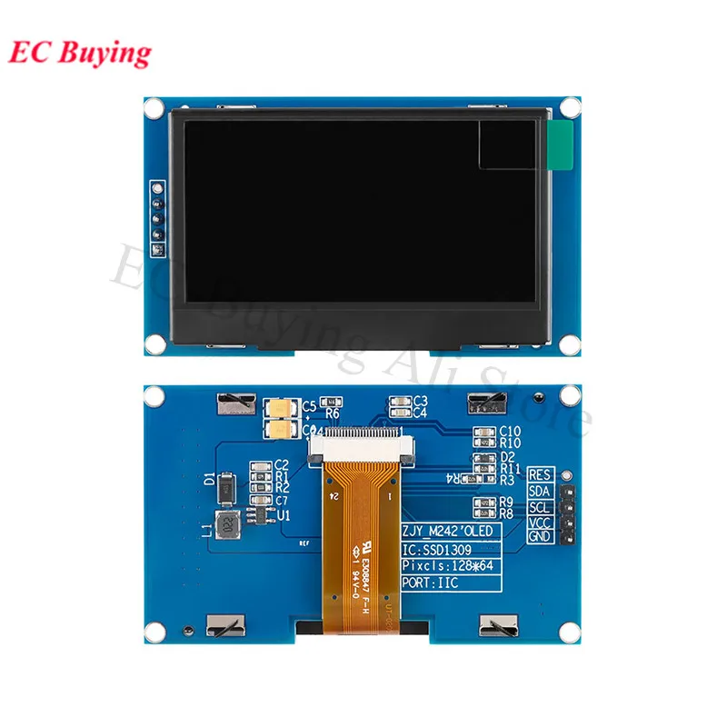 Módulo oled de 2.42 polegadas, tela lcd de 2.42 "12864, módulo de exibição led 128x64 ssd1309 spi/iic interface i2c para arduino 4 pinos 7 pinos