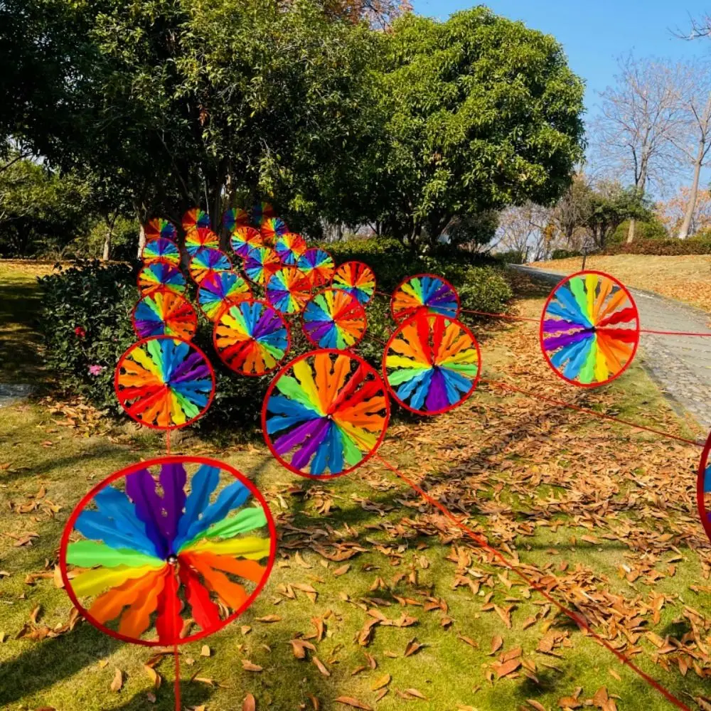 8pcs/set 28cm 10meters String Windmill Plastic Rainbow Colors Disc Colored Windmill Handmade with Steel Wire Rope