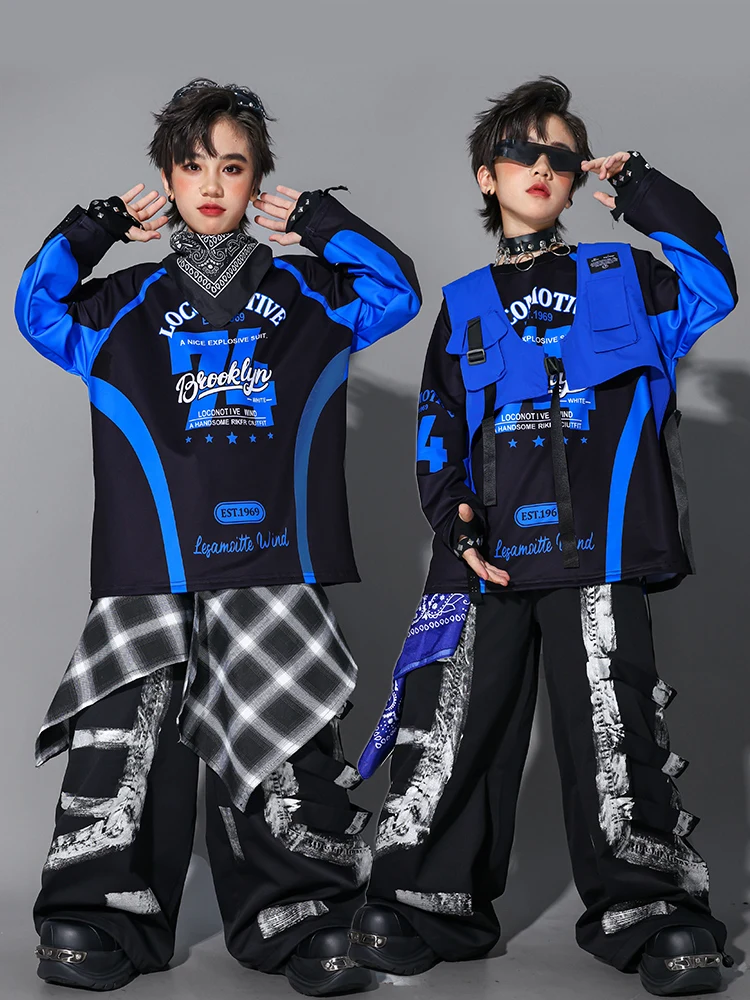 Boys K-pop Loose Contrast Sweatshirt Street Dance Pants Cool Hip Hop Streetwear Clothes Set Group Jazz Stage Performance Costume