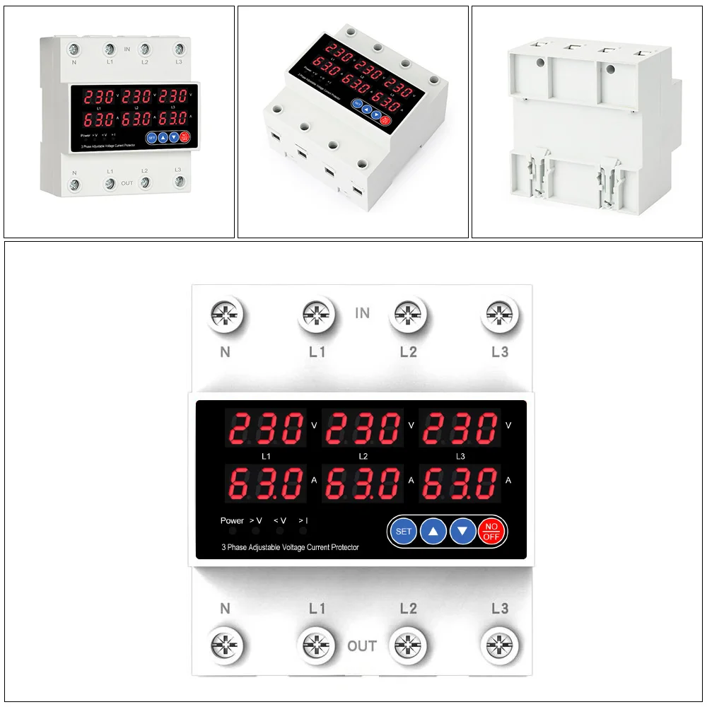 Wyświetlacz LCD 63A Din Rail 3-fazowy regulowany nad i pod przekaźnikiem ogranicznik napięcia z zabezpieczeniem prądowym 3*220V 380V