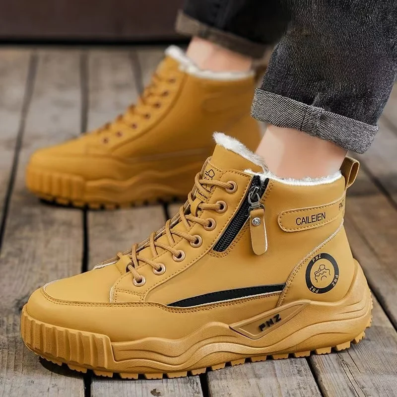 Men Winter New Flat Sole Ankle Cotton Boots Thick Sole Round Toe Plush Keep Warm Waterproof High Top Work Shoes Snow Boots