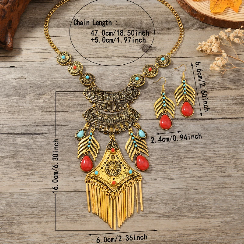 Long Tassel Necklace & Earrings Set, Retro Ethnic Turquoise Imitation Jewelry, Bohemian Exquisite Alloy Neckpiece
