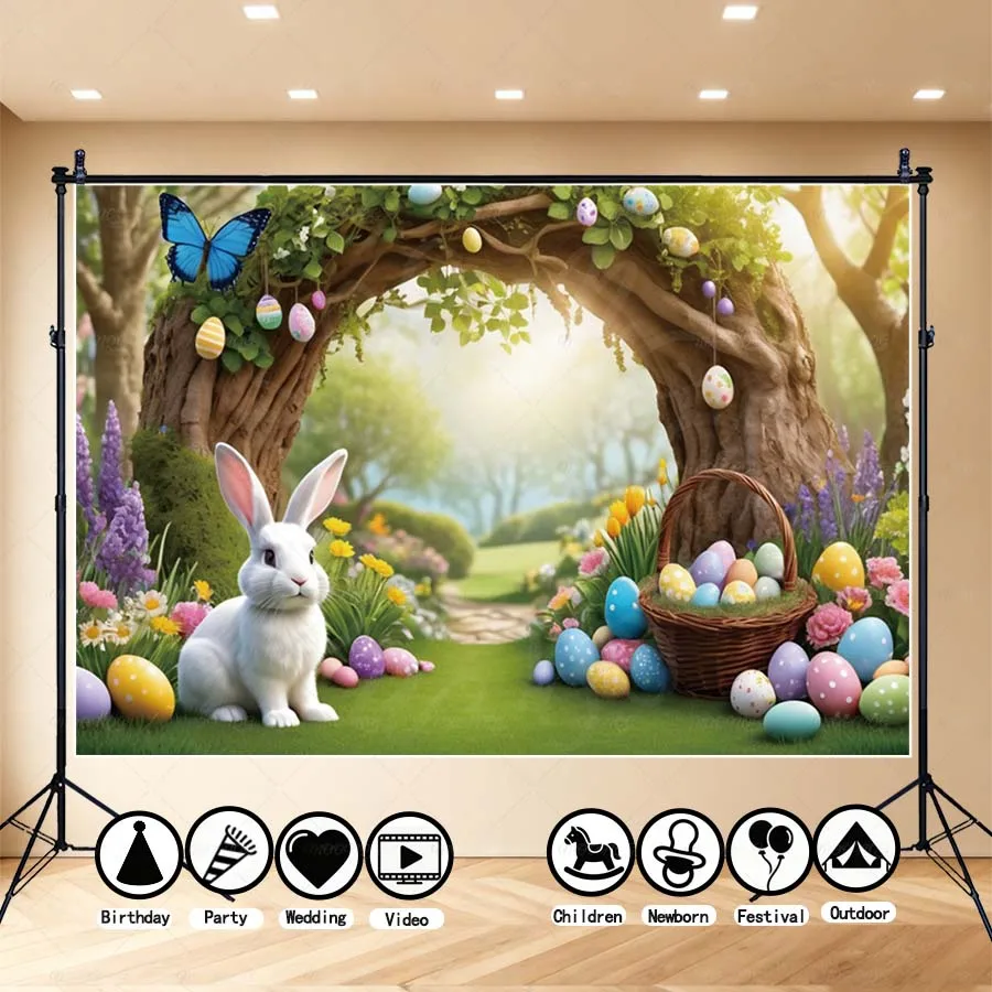 

MOON.QG 2026 Happy Easter Teal Fairy Tale Photography Background Tree Branch Arch Photo Backdrop For Children Party Wall Hanging