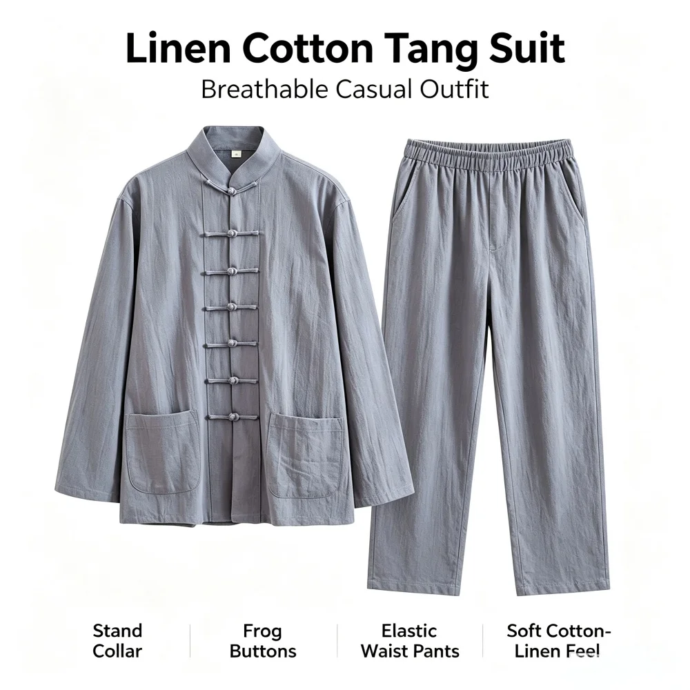 Traditional Chinese Men Tai Chi Uniform Cotton Linen 2Pcs Tang Suit Long Sleeve Frog Button Top Elastic Waist Loose Trousers