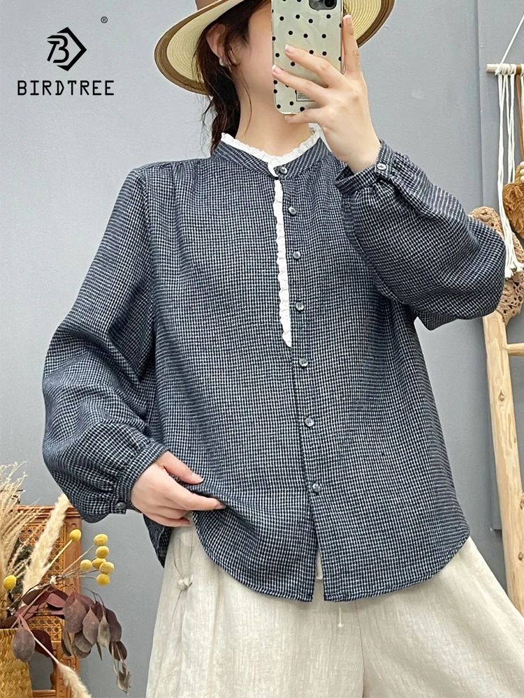 

Новая женская хлопковая рубашка с длинным рукавом и начесом, весна 2026, с рюшами, в клетку, с кружевом, в стиле Mori Girl, модная, свободная блузка T62296CC