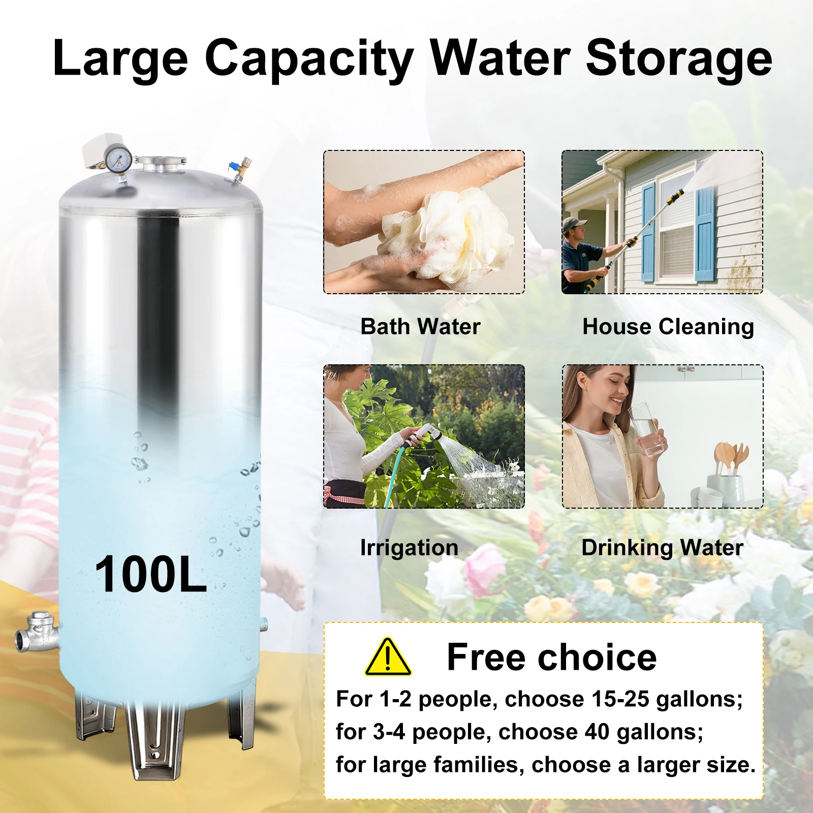 100L Well Pressure Booster Tank, 304 Stainless Steel Bladder-Free Pressurized Container, Large Capacity Water Storage Tank for Well Pump System Home Farm Staircase Garden with Mounting Kit