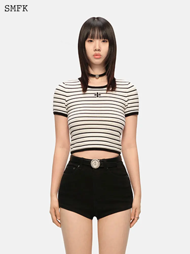 SMFK Vintage Knitted T-Shirt Women's Campus Stripe Short Sleeve Hot Girl Style Cropped Top Knit Spring Female Casual Short Tops