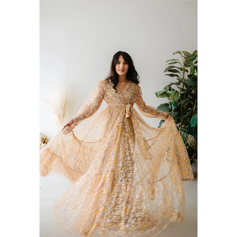 Elegant Retro Daisy Lace Maternity Maxi Dresses Long Sleeve Pregnancy Photoshoot Adjustable Gown Boho Baby Shower Dress