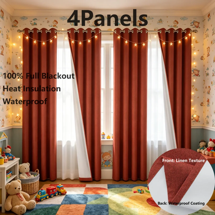 54X63，4 Panels 100% Full Blackout Eyelet Curtains, Back Coated Waterproof Windproof Thermal Insulated Drapes, Soft Grid Texture Window