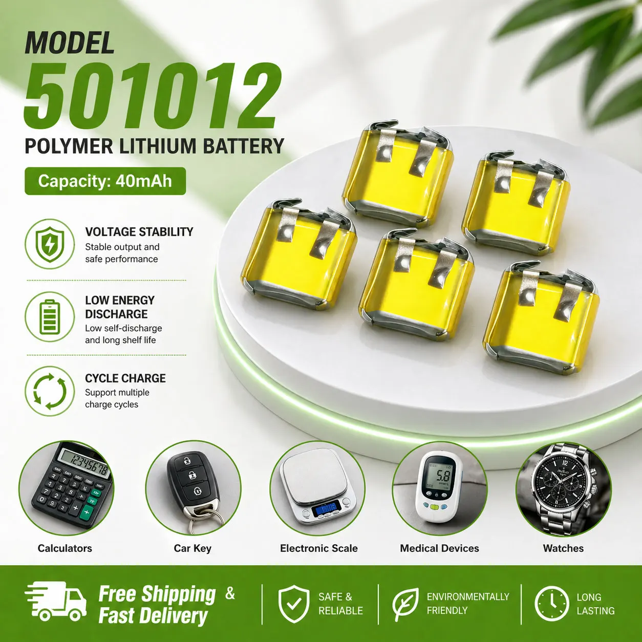 

40mAh 3.7V 501012 Lipo Lithium Rechargeable Battery Compact Power Cell For Bluetooth Wireless Headset