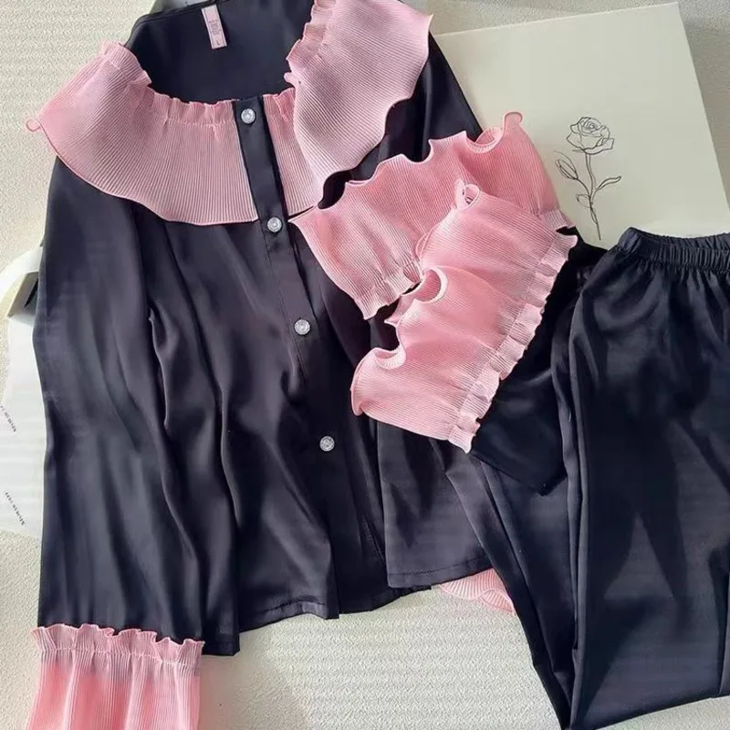 

2025 Autumn Winter Ice Silk Round Neck Cute Women Pajamas Ruffle Sleepwear Flared Long Sleeve Pant Lace Two Piece Set Sleepwear