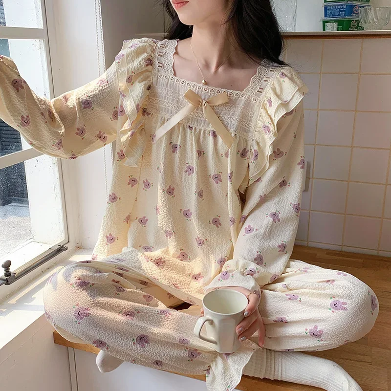 Cotton Long Sleeve Pants Floral Print Woman Satin Pajama Sets Ensembles 2 Piece Lady Outfit Lounge Women Pijama Sleepwear Pj