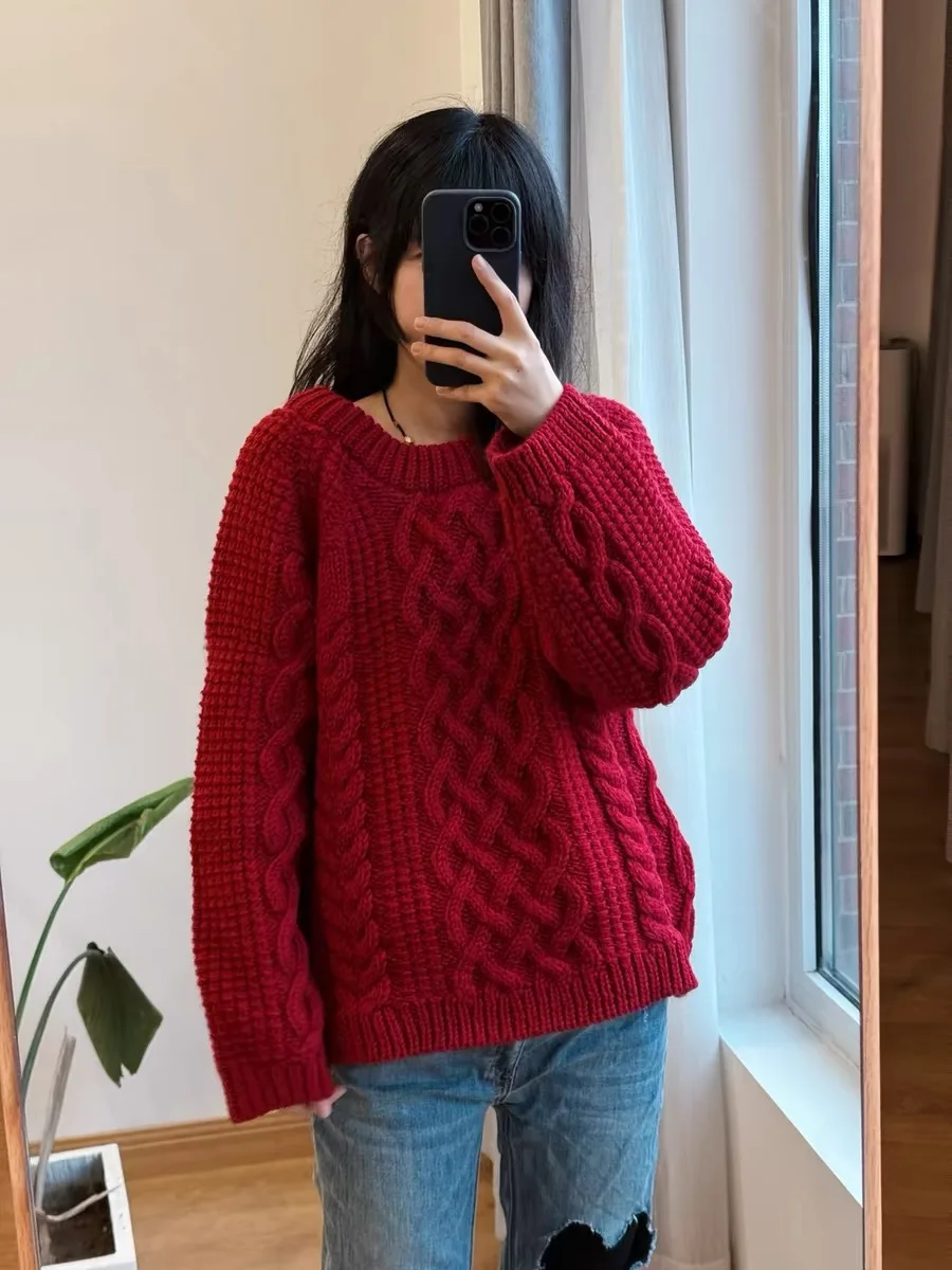 108cm Bust Autumn Winter Original Design Women Hand Knit Vintage Inspired Handmade 100% Wool Pullover Sweaters Jumpers