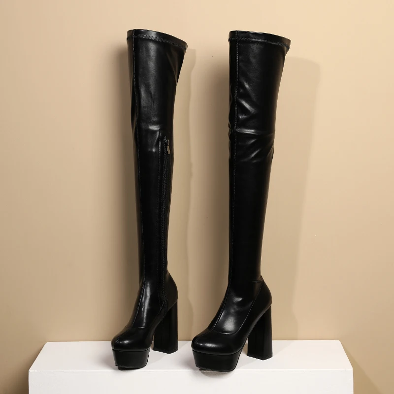 Platform Thigh High Boots For Women Elastic Leather Party Shoes Lady Block Heels Over the Knee Boots Black Winter Long Shoes