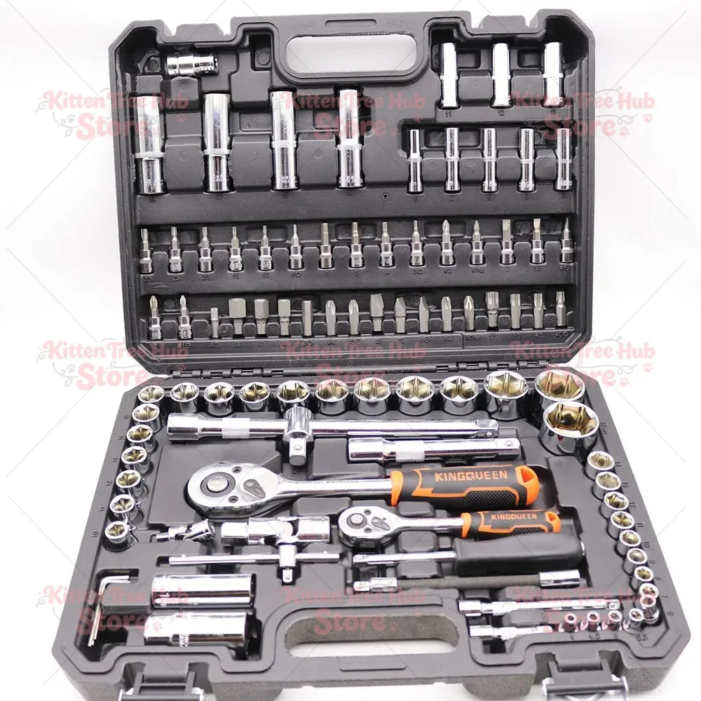 Automotive Tool Set 94 Piece Zinc Plated Socket Wrench Kit 1/4 1/2 Drive with Screwdriver Bits Case for Car Home Garage Repair