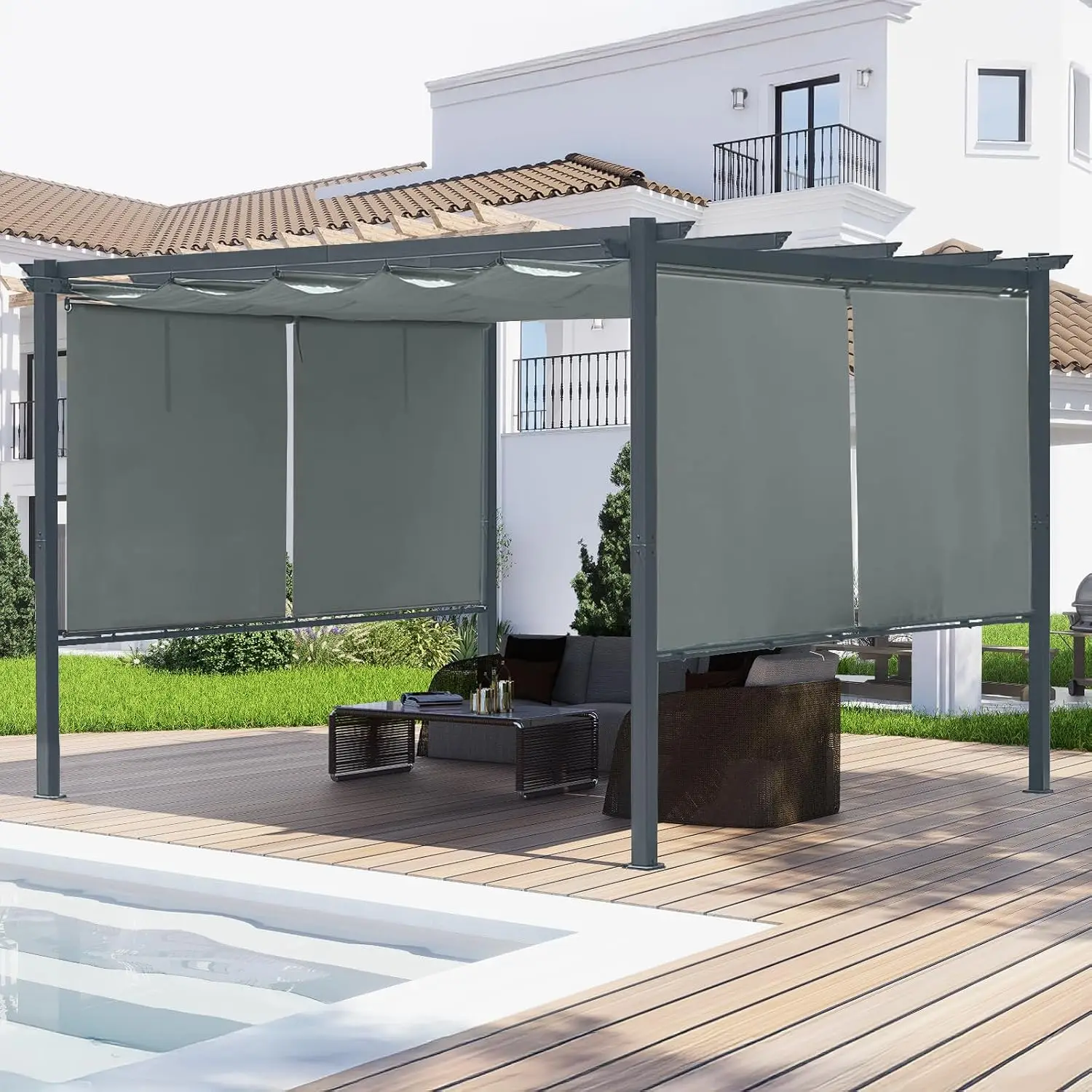 10x12ft Outdoor Pergola Retractable Canopy Aluminum Frame 4 Roller Curtains Grape Trellis Patio Garden Grey, Customized