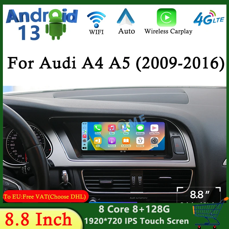 

8.8 Inch Android 13 For Audi A4 A4L B8 A5 2009-2016 Car Radio Multimedia Player Carplay Head Unit QLED Stereo GPS WIFI 4G Auto