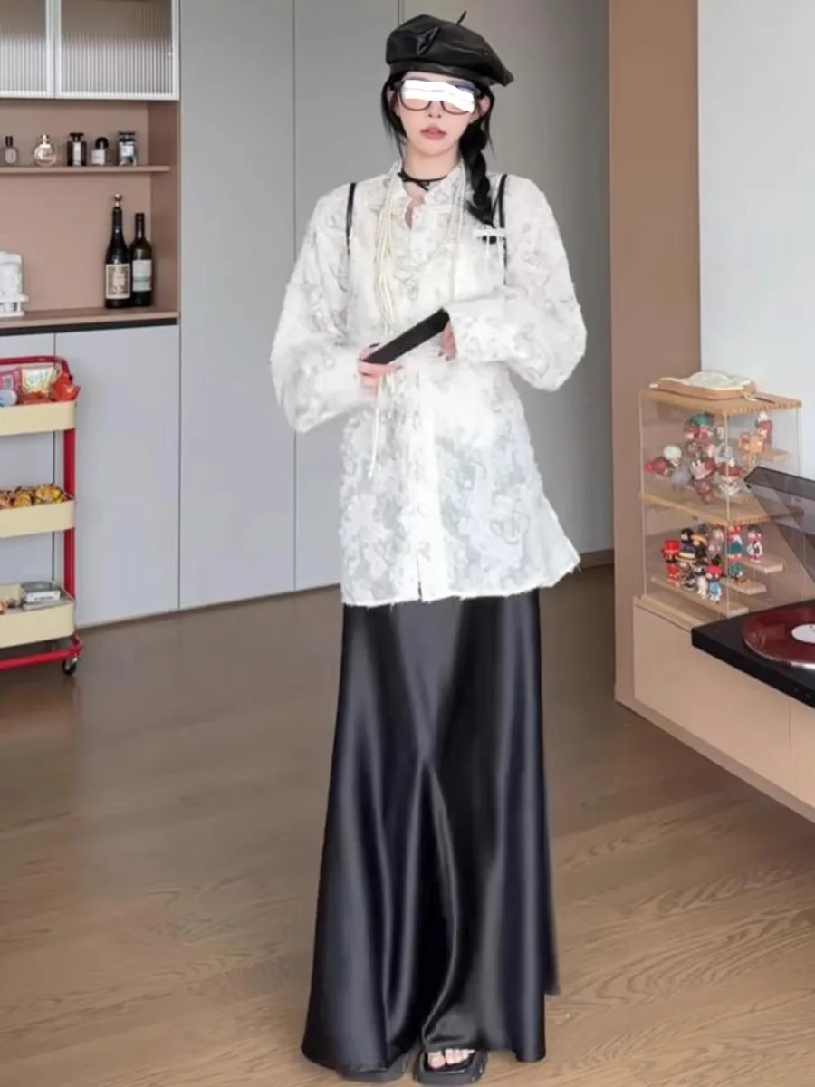 Gonna lunga in acetato di raso di seta Ele Bla Gonna estiva da donna a vita alta drappeggiata con coda fi Gonna casual a trapezio