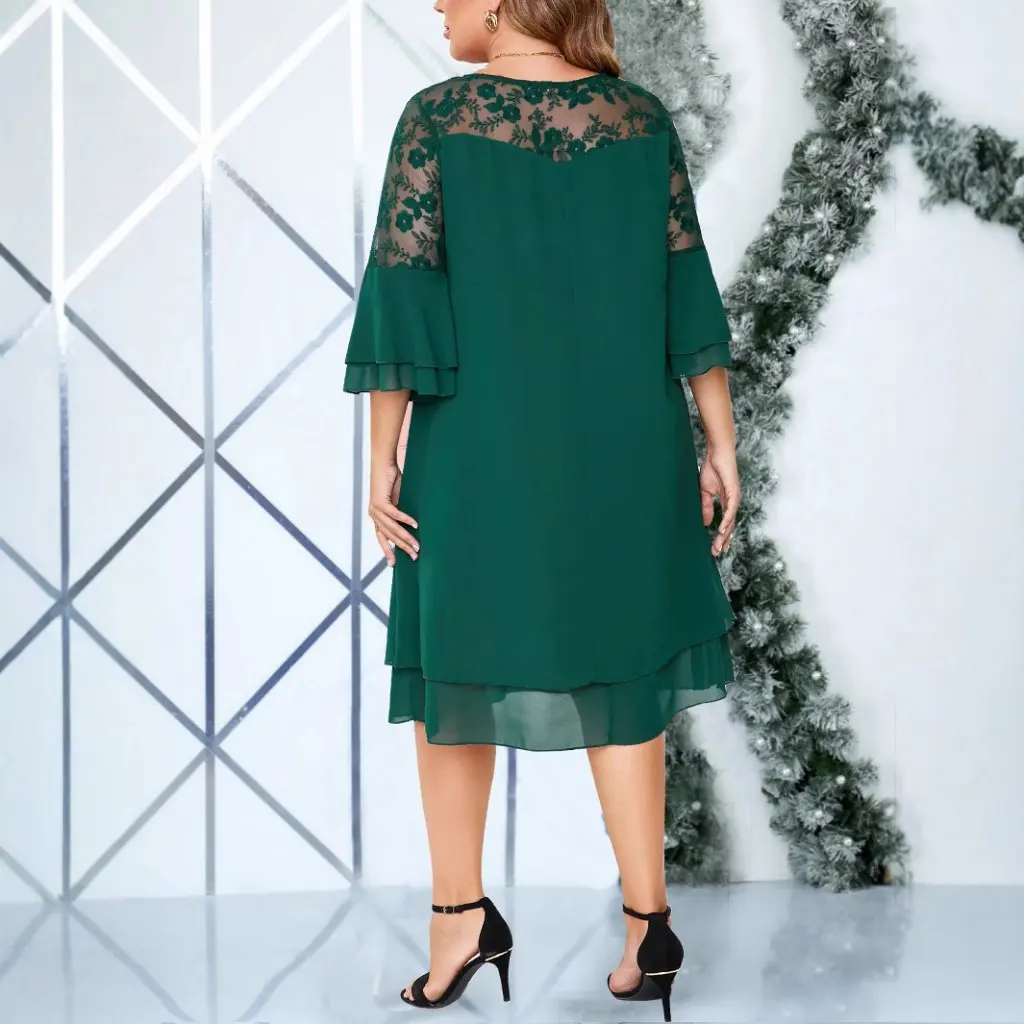 plus Size Women's Fashion Dress Embroidery Stitching Solid Color New Ladies Wholesale Europe America Middle East