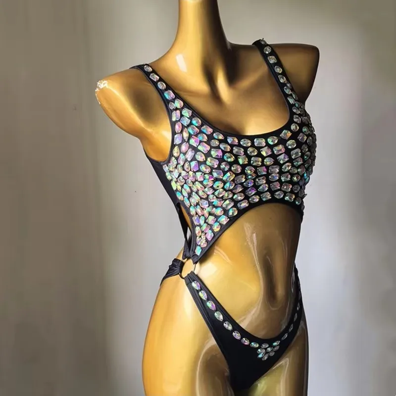 Body con diamantes de imitación para mujer, Bikini de una pieza, traje de baño Sexy para Club, DJ, equipo de baile, actuación en la playa, fiesta, club nocturno