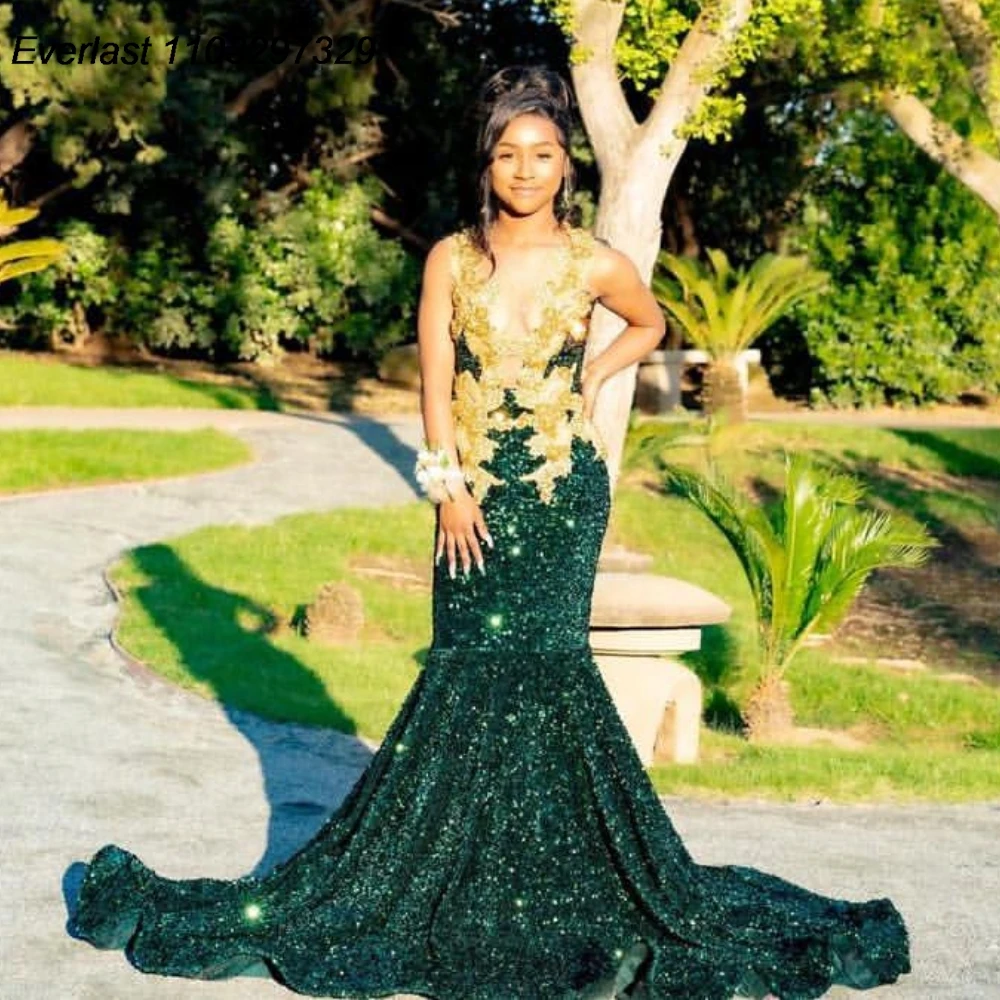 EVLAST Customized Emerald Green Prom Dress For Black Girls Gold Diamond Rhinestone Beaded Formal Party Birthday Gala Gown TPD132