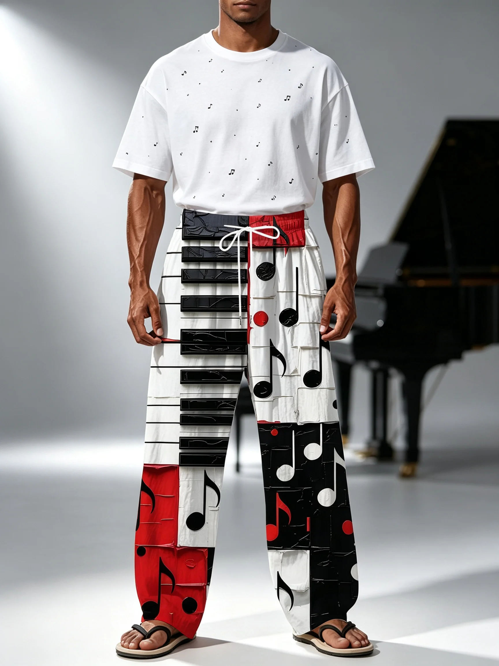 Fashion Men'S Long Pants | Piano Keyboard And Notes Pattern Color-Block Loose Straight Casual Style