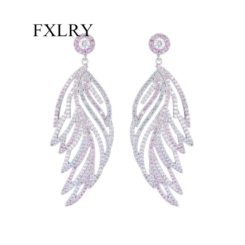 

FXLRY Gorgeous Micro Inlaid Zircon Hollow Leaf Feather Earrings For Women Fashion Jewelry