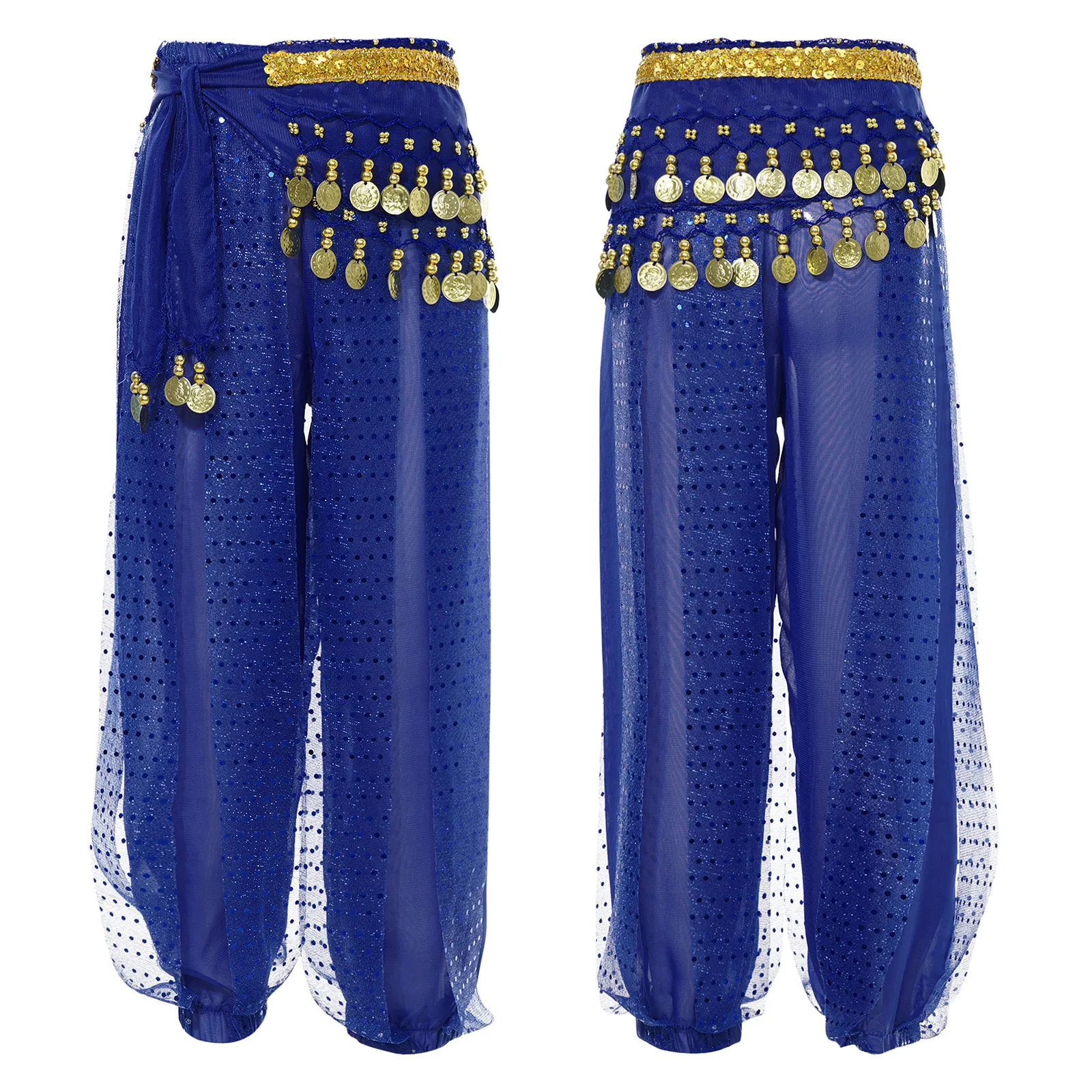 Kinderen Meisjes Buikdans Harembroek Tribal Arabische Broek Pailletten Mesh Chiffon Dansbloeiers met Hippe Sjaal Buikdansoutfits